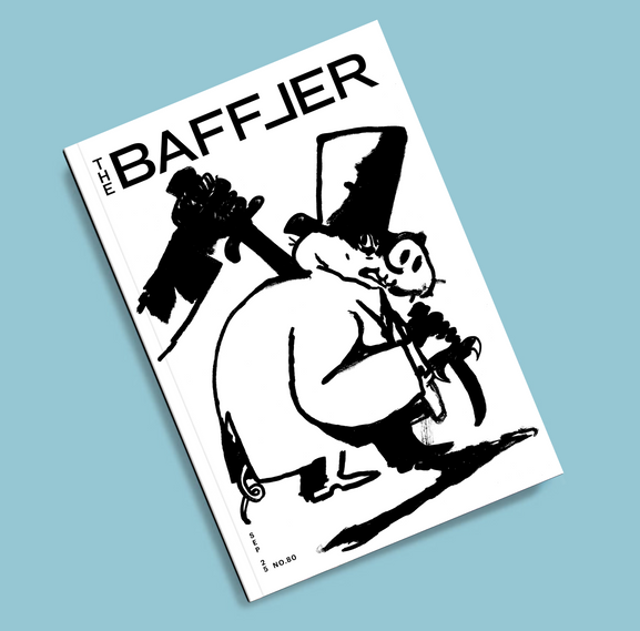 A cartoony anthropomorphic pig is painted in black gouache paint on a white background. The pig man is wearing a trench coat and a top hat, and is holding a knife. He stands with his back toward the reader, head turned toward a floating arm holding a blade that’s already stabbing his neck from behind.